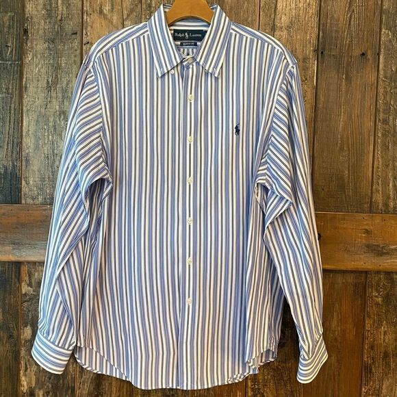 Ralph Lauren Men’s Sz L Classic Fit Blue Black Stripe Long Sleeve Shirt - Picture 2 of 7